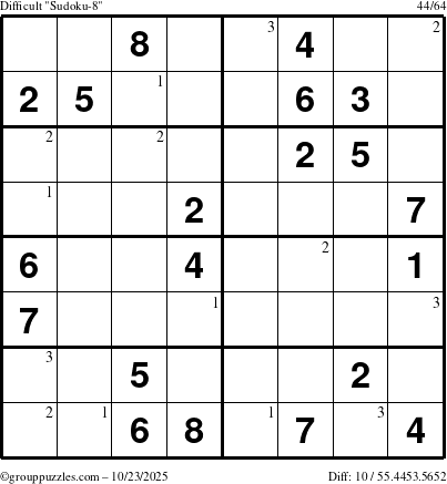 The grouppuzzles.com Difficult Sudoku-8 puzzle for Thursday October 23, 2025 with the first 3 steps marked