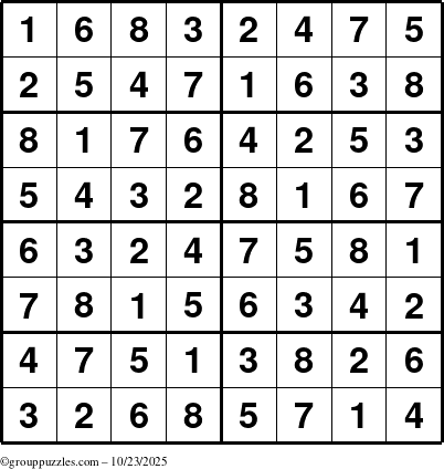 The grouppuzzles.com Answer grid for the Sudoku-8 puzzle for Thursday October 23, 2025