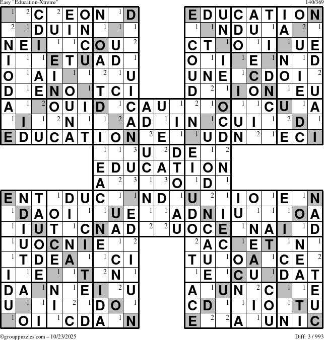 The grouppuzzles.com Easy Education-Xtreme puzzle for Thursday October 23, 2025 with the first 3 steps marked