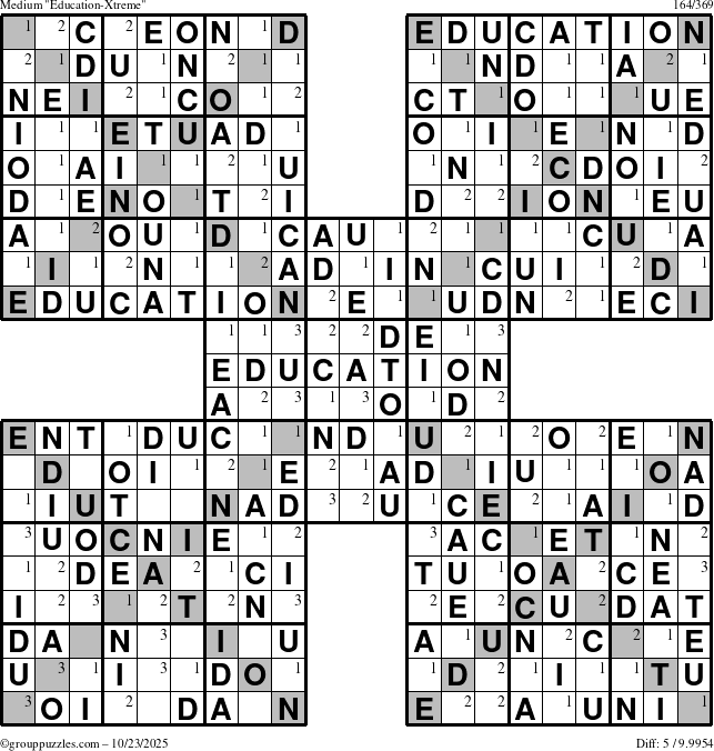 The grouppuzzles.com Medium Education-Xtreme puzzle for Thursday October 23, 2025 with the first 3 steps marked