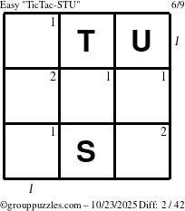 The grouppuzzles.com Easy TicTac-STU puzzle for Thursday October 23, 2025 with all 2 steps marked