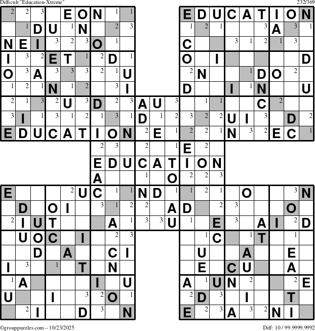 The grouppuzzles.com Difficult Education-Xtreme puzzle for Thursday October 23, 2025 with the first 3 steps marked