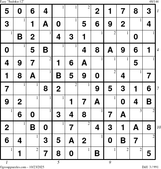 The grouppuzzles.com Easy Sudoku-12 puzzle for Thursday October 23, 2025, suitable for printing, with all 3 steps marked