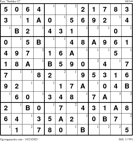The grouppuzzles.com Easy Sudoku-12 puzzle for Thursday October 23, 2025 with the first 3 steps marked