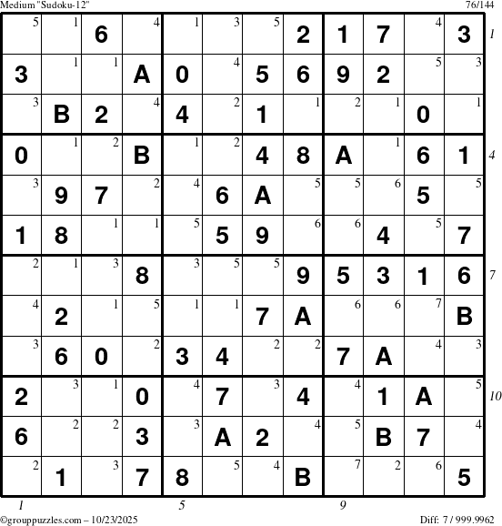 The grouppuzzles.com Medium Sudoku-12 puzzle for Thursday October 23, 2025, suitable for printing, with all 7 steps marked