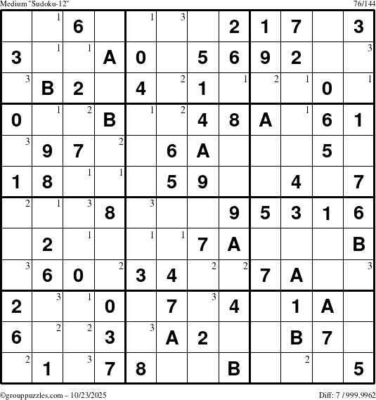 The grouppuzzles.com Medium Sudoku-12 puzzle for Thursday October 23, 2025 with the first 3 steps marked