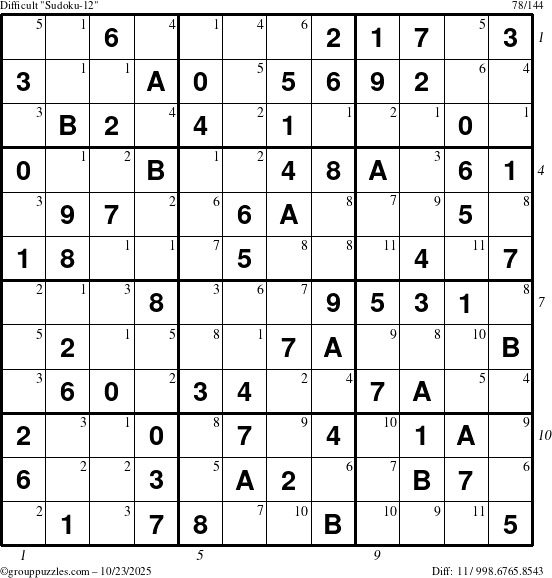 The grouppuzzles.com Difficult Sudoku-12 puzzle for Thursday October 23, 2025 with all 11 steps marked