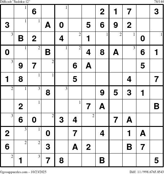 The grouppuzzles.com Difficult Sudoku-12 puzzle for Thursday October 23, 2025 with the first 3 steps marked