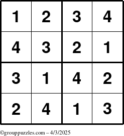 The grouppuzzles.com Answer grid for the Sudoku-4 puzzle for Thursday April 3, 2025