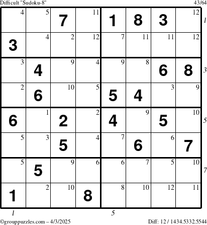 The grouppuzzles.com Difficult Sudoku-8 puzzle for Thursday April 3, 2025, suitable for printing, with all 12 steps marked