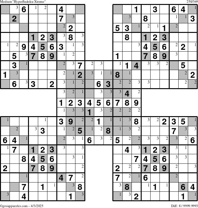 The grouppuzzles.com Medium cover-HyperXtreme puzzle for Thursday April 3, 2025 with the first 3 steps marked