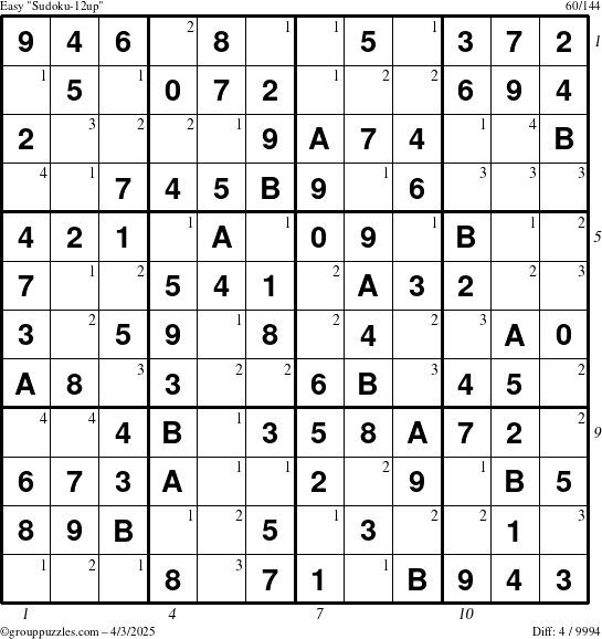 The grouppuzzles.com Easy Sudoku-12up puzzle for Thursday April 3, 2025, suitable for printing, with all 4 steps marked