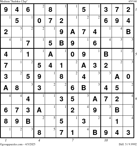 The grouppuzzles.com Medium Sudoku-12up puzzle for Thursday April 3, 2025, suitable for printing, with all 5 steps marked