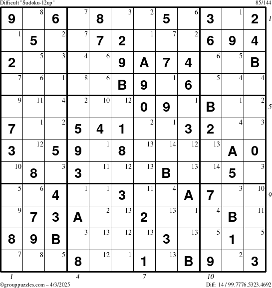 The grouppuzzles.com Difficult Sudoku-12up puzzle for Thursday April 3, 2025 with all 14 steps marked