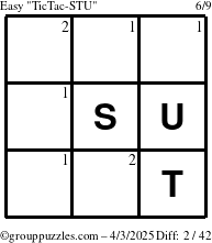 The grouppuzzles.com Easy TicTac-STU puzzle for Thursday April 3, 2025 with the first 2 steps marked