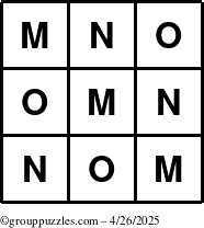 The grouppuzzles.com Answer grid for the TicTac-MNO puzzle for Saturday April 26, 2025