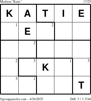 The grouppuzzles.com Medium Katie puzzle for Saturday April 26, 2025 with the first 3 steps marked