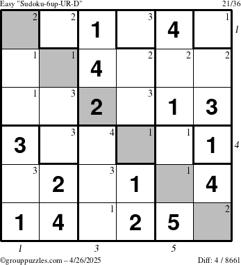 The grouppuzzles.com Easy Sudoku-6up-UR-D puzzle for Saturday April 26, 2025, suitable for printing, with all 4 steps marked