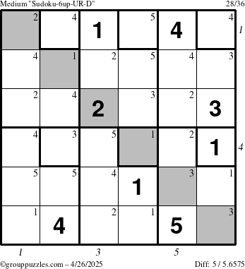 The grouppuzzles.com Medium Sudoku-6up-UR-D puzzle for Saturday April 26, 2025, suitable for printing, with all 5 steps marked