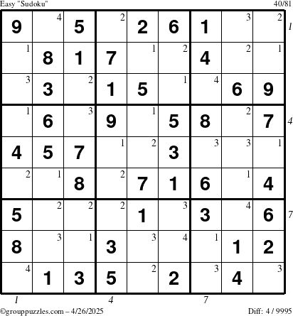The grouppuzzles.com Easy Sudoku puzzle for Saturday April 26, 2025, suitable for printing, with all 4 steps marked