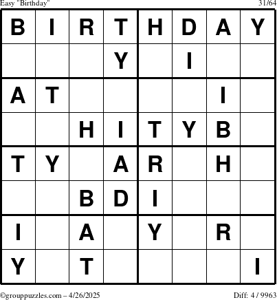 The grouppuzzles.com Easy Birthday puzzle for Saturday April 26, 2025