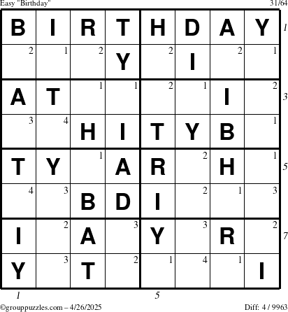 The grouppuzzles.com Easy Birthday puzzle for Saturday April 26, 2025 with all 4 steps marked