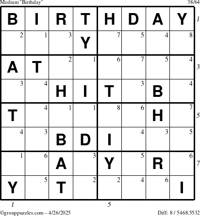 The grouppuzzles.com Medium Birthday puzzle for Saturday April 26, 2025 with all 8 steps marked