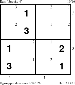 The grouppuzzles.com Easy Sudoku-4 puzzle for Saturday September 5, 2026, suitable for printing, with all 3 steps marked