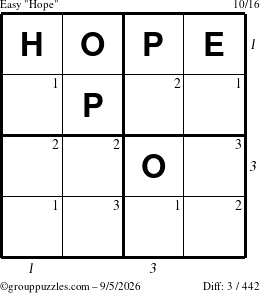 The grouppuzzles.com Easy Hope puzzle for Saturday September 5, 2026, suitable for printing, with all 3 steps marked