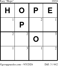 The grouppuzzles.com Easy Hope puzzle for Saturday September 5, 2026 with the first 3 steps marked