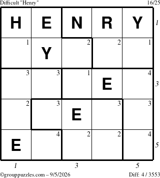 The grouppuzzles.com Difficult Henry puzzle for Saturday September 5, 2026 with all 4 steps marked
