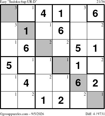 The grouppuzzles.com Easy Sudoku-6up-UR-D puzzle for Saturday September 5, 2026 with the first 3 steps marked