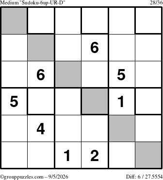 The grouppuzzles.com Medium Sudoku-6up-UR-D puzzle for Saturday September 5, 2026