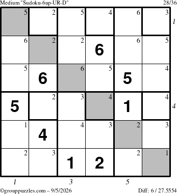 The grouppuzzles.com Medium Sudoku-6up-UR-D puzzle for Saturday September 5, 2026 with all 6 steps marked