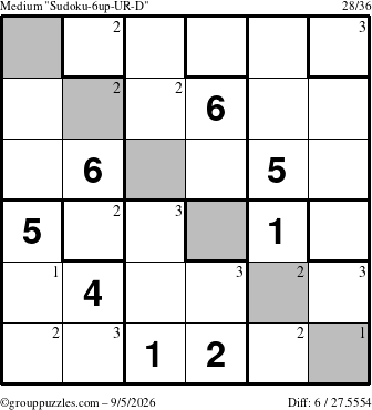 The grouppuzzles.com Medium Sudoku-6up-UR-D puzzle for Saturday September 5, 2026 with the first 3 steps marked