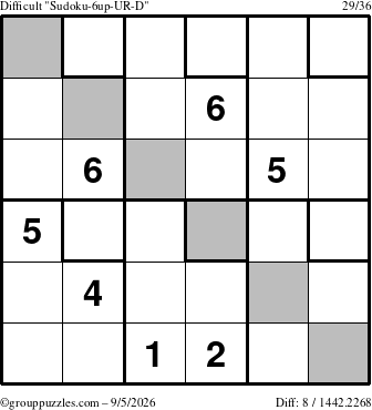 The grouppuzzles.com Difficult Sudoku-6up-UR-D puzzle for Saturday September 5, 2026