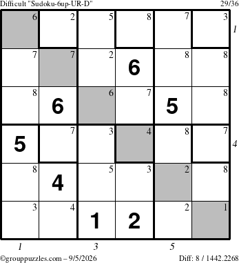 The grouppuzzles.com Difficult Sudoku-6up-UR-D puzzle for Saturday September 5, 2026, suitable for printing, with all 8 steps marked