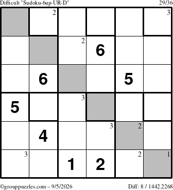 The grouppuzzles.com Difficult Sudoku-6up-UR-D puzzle for Saturday September 5, 2026 with the first 3 steps marked