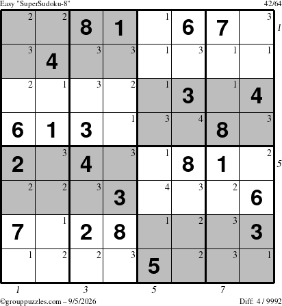 The grouppuzzles.com Easy SuperSudoku-8 puzzle for Saturday September 5, 2026, suitable for printing, with all 4 steps marked