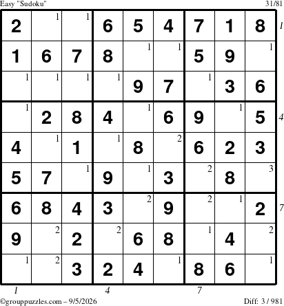 The grouppuzzles.com Easy Sudoku puzzle for Saturday September 5, 2026, suitable for printing, with all 3 steps marked