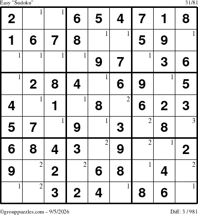 The grouppuzzles.com Easy Sudoku puzzle for Saturday September 5, 2026 with the first 3 steps marked
