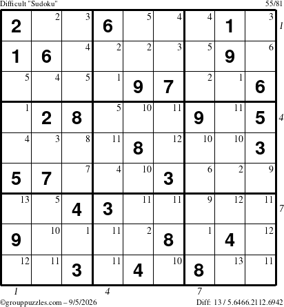 The grouppuzzles.com Difficult Sudoku puzzle for Saturday September 5, 2026 with all 13 steps marked