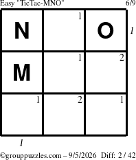 The grouppuzzles.com Easy TicTac-MNO puzzle for Saturday September 5, 2026, suitable for printing, with all 2 steps marked