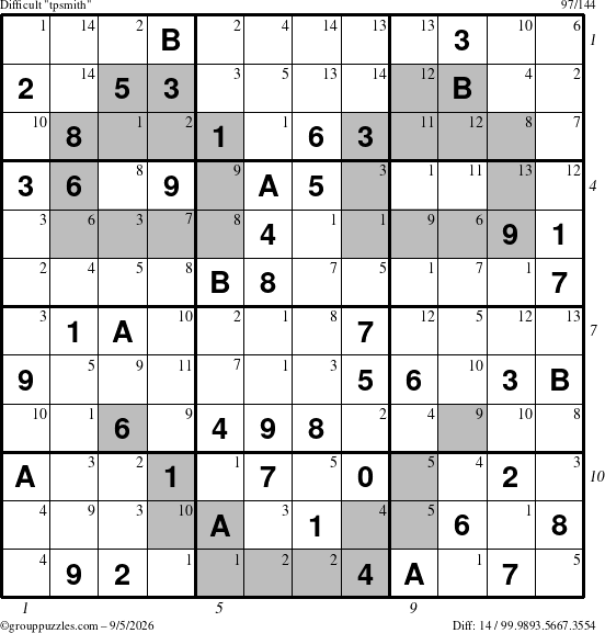 The grouppuzzles.com Difficult tpsmith puzzle for Saturday September 5, 2026 with all 14 steps marked