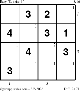 The grouppuzzles.com Easy Sudoku-4 puzzle for Sunday March 8, 2026 with all 2 steps marked