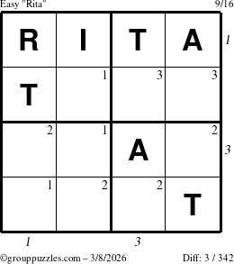 The grouppuzzles.com Easy Rita puzzle for Sunday March 8, 2026 with all 3 steps marked