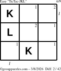 The grouppuzzles.com Easy TicTac-JKL puzzle for Sunday March 8, 2026 with all 2 steps marked