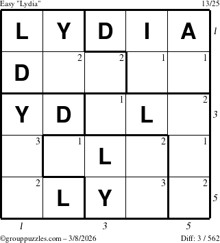The grouppuzzles.com Easy Lydia puzzle for Sunday March 8, 2026, suitable for printing, with all 3 steps marked