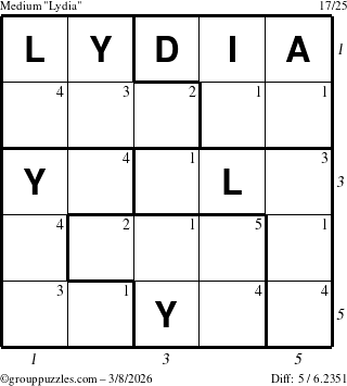 The grouppuzzles.com Medium Lydia puzzle for Sunday March 8, 2026 with all 5 steps marked