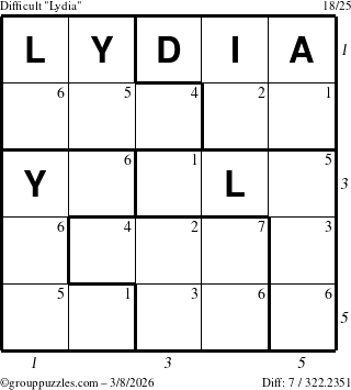 The grouppuzzles.com Difficult Lydia puzzle for Sunday March 8, 2026, suitable for printing, with all 7 steps marked